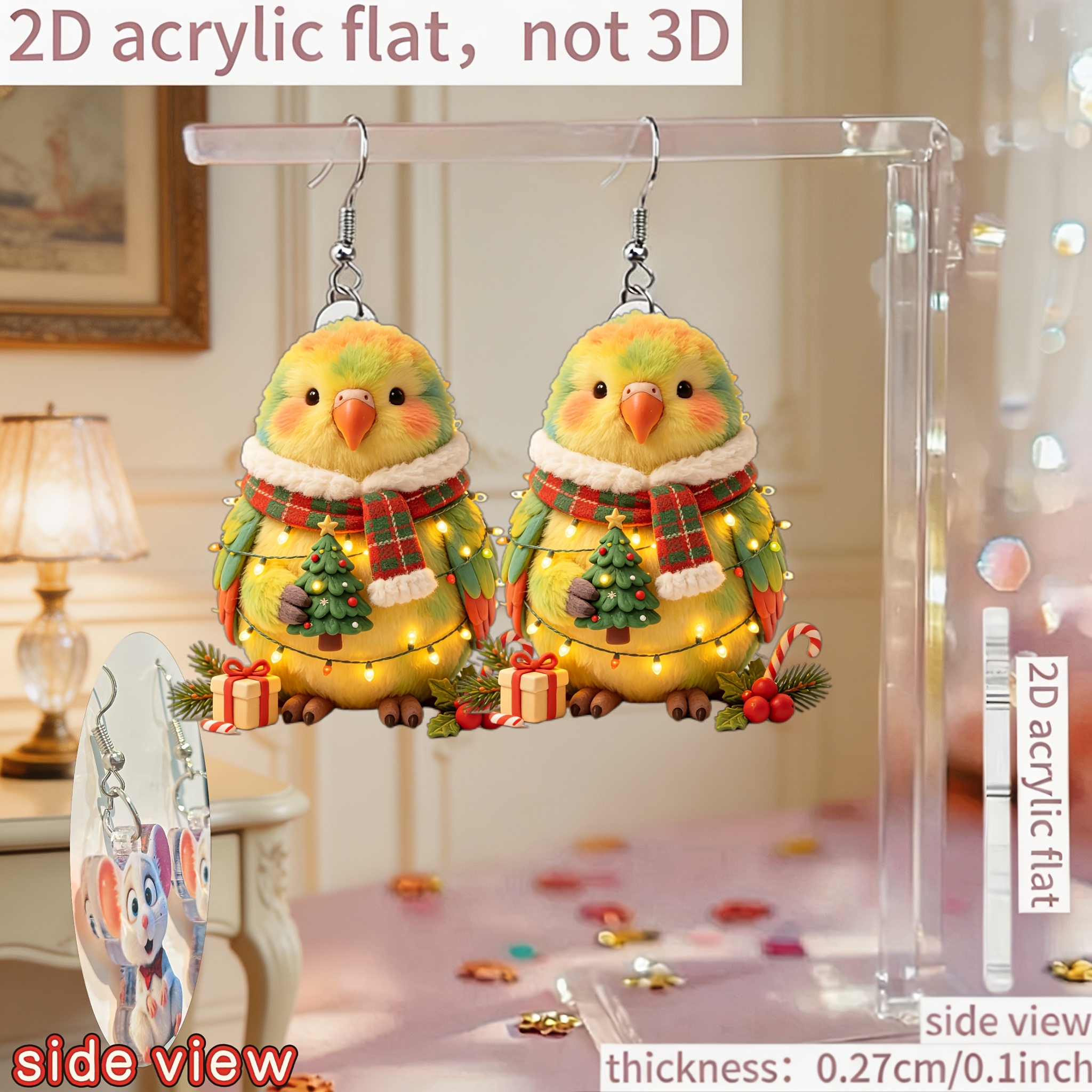 2D Acrylic Flat Christmas Parrot Earrings, Cute Gift